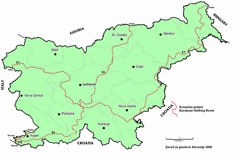 Zemljevid evropskih pešpoti v Sloveniji