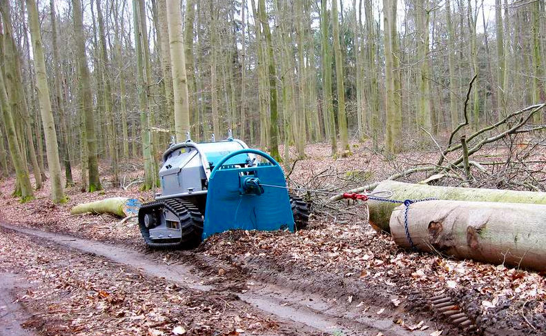 Daljinsko vodeni gosenični traktor za spravilo lesa Pfanzelt Moritz FR50 pri delu