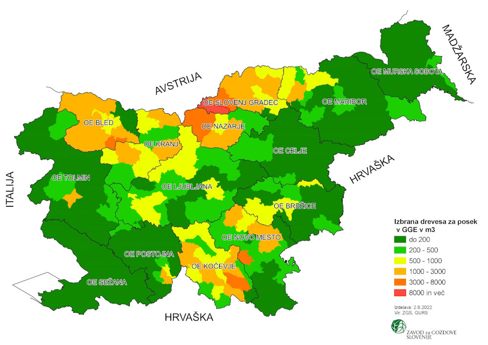 Izbrana drevesa za posek zaradi podlubnikov v letu 2022 do konca julija po gozdnogospodarskih enotah (GGE) v m3