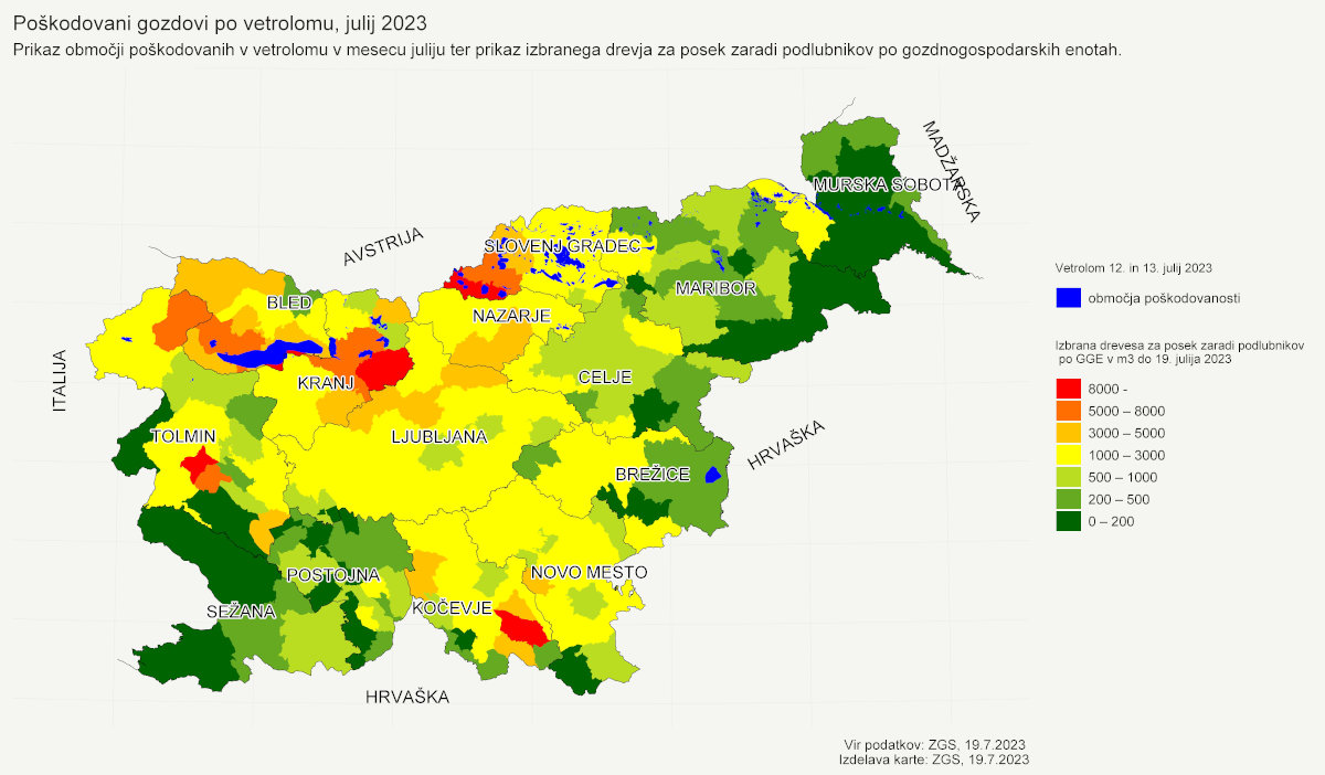 Prikaz območij, poškodovanih v vetrolomu 12. in 13. julija ter prikaz izbranega drevja za posek zaradi podlubnikov po gozdnogospodarskih enotah 